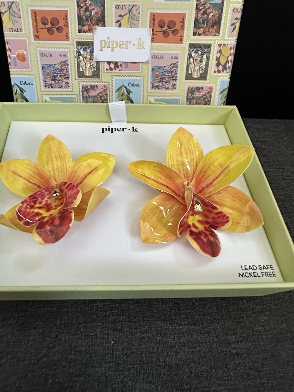 Piper K Orchid Flower Statement Earrings Yellow Red Orange Nickel Free Box